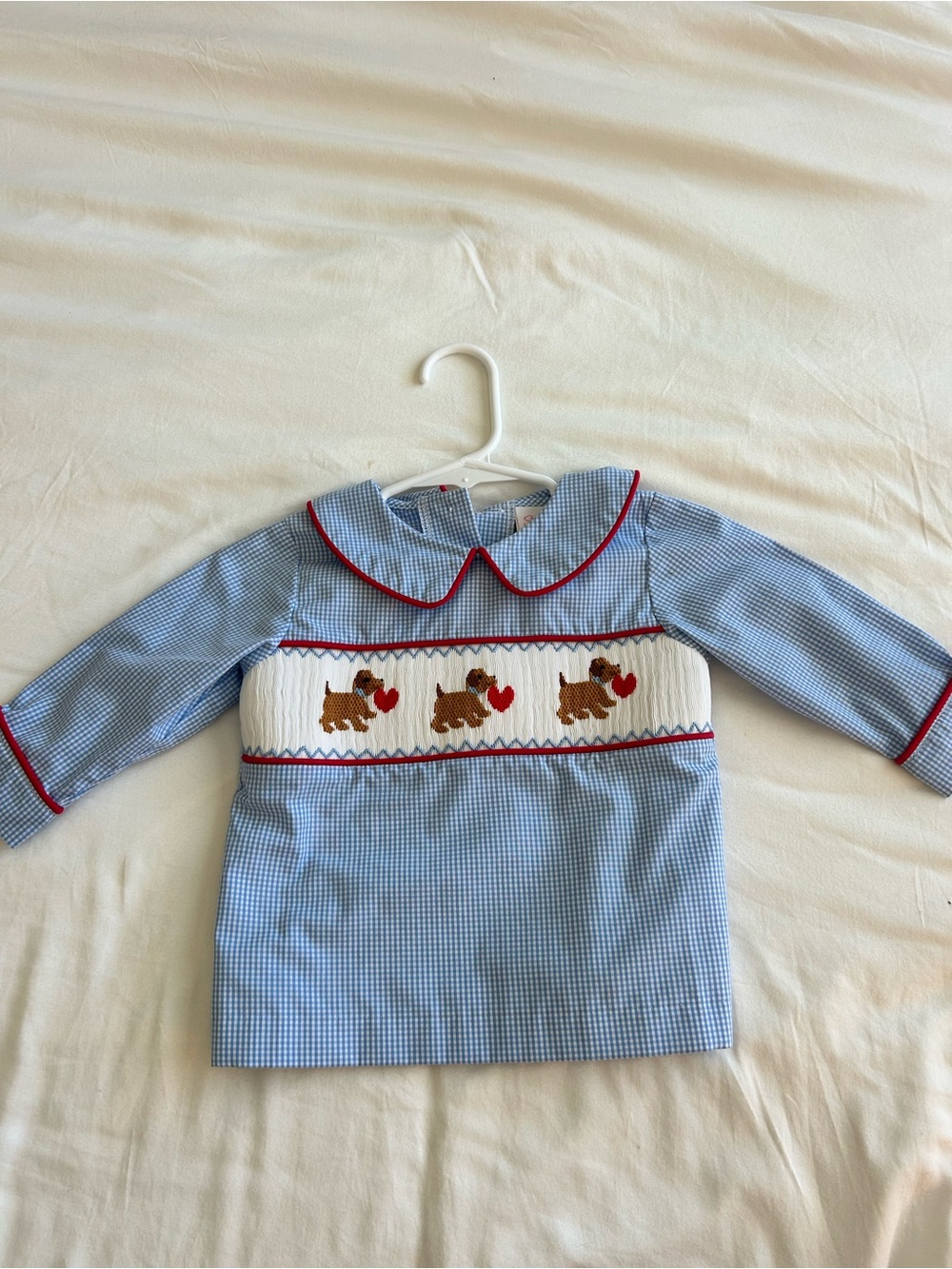 Stitchy Fish Light Blue Gingham Puppy Long-Sleeve Top with Red Trim - NWOT